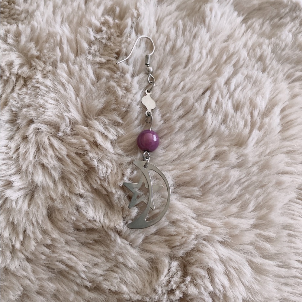 Sterling Silver Single Drop Star Moon Earring